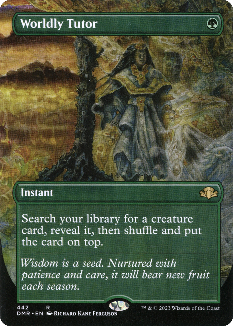 Signed Worldly Tutor (Borderless Alternate Art) [Dominaria Remastered] (Display Case)